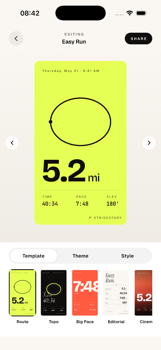 Route template — lime background with GPS map and 5.2 mi