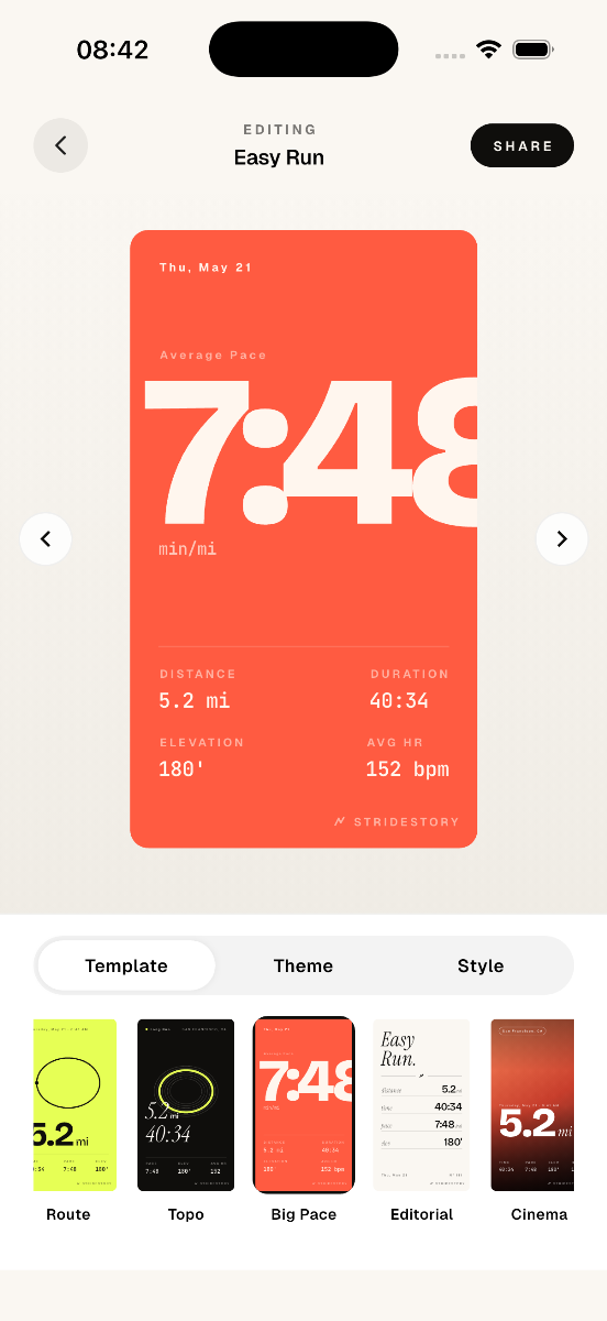 Big Pace template — coral background with 7:48 pace